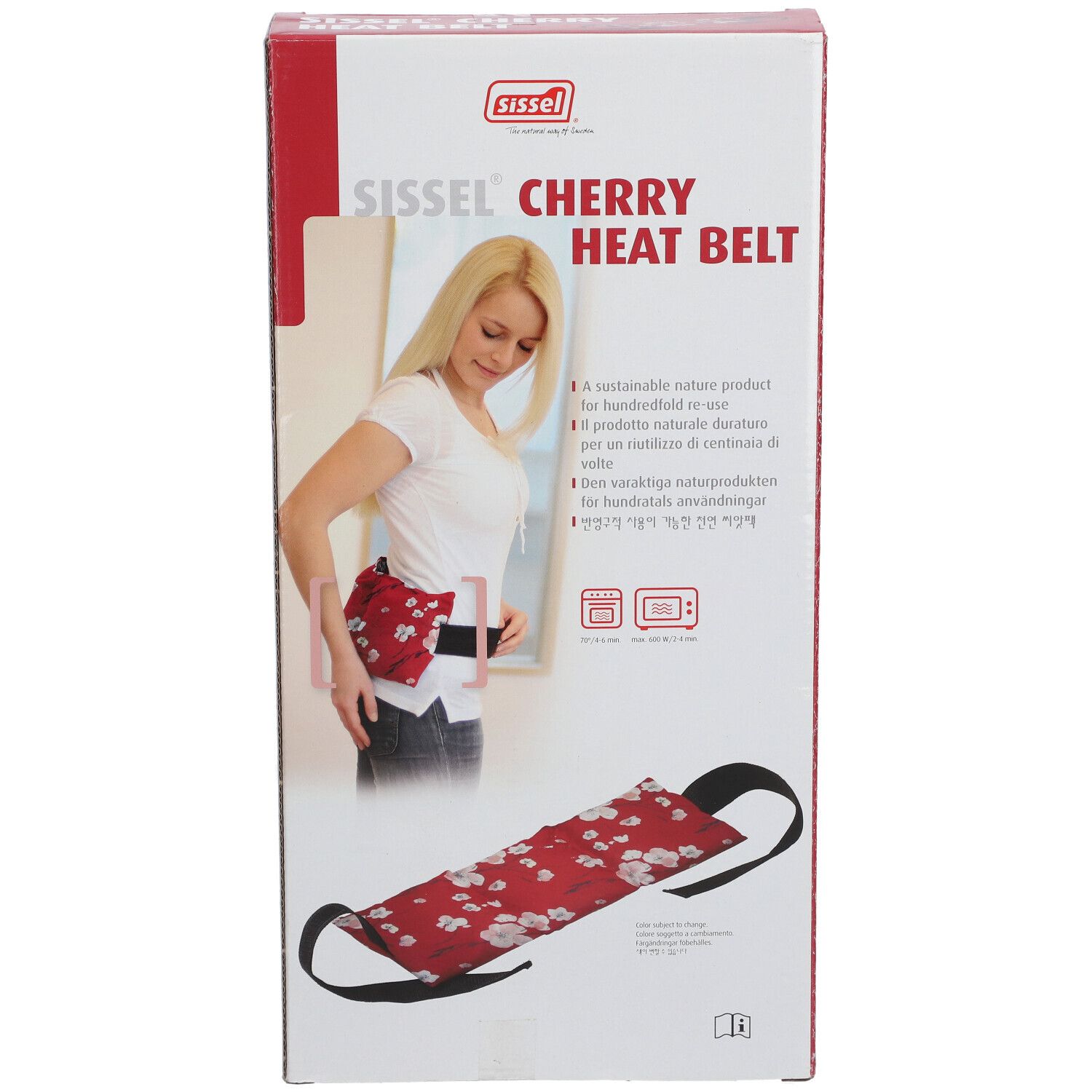 Verpakking van de Sissel Cherry Heat Belt. Rode riem met witte bloemen, zwarte bandjes. Vrouw met riem afgebeeld op de verpakking.