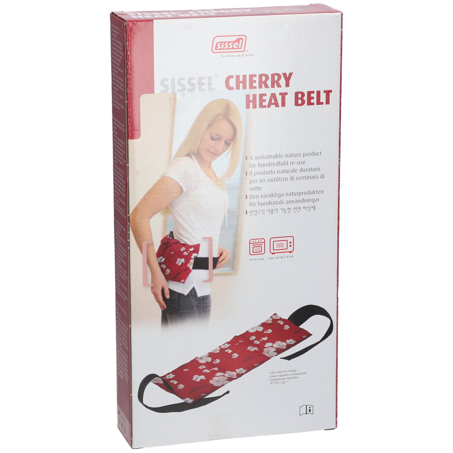 Verpakking van de Sissel Cherry Heat Belt. Rode riem met witte bloemen, zwarte bandjes. Vrouw met riem afgebeeld op de verpakking.