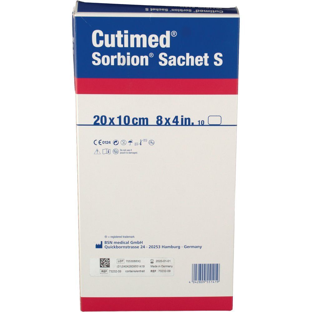 Dos de l'emballage Cutimed Sorbion Sachet S. Informations fabricant, numéro de lot et date de péremption.