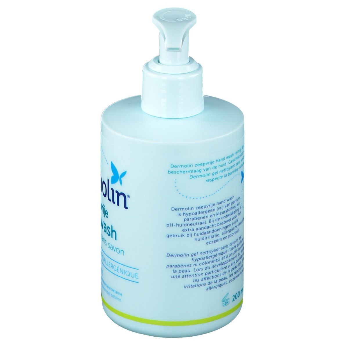 Dos du flacon bleu clair avec pompe doseuse. Texte: Dermolin, zeepvrije hand wash, gel nettoyant sans savon. Hypoallergénique.