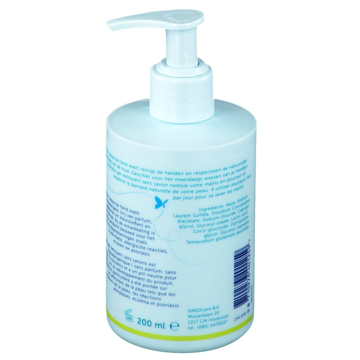 Dos du flacon bleu clair avec pompe doseuse. Texte et liste des ingrédients. Volume: 200 ml.