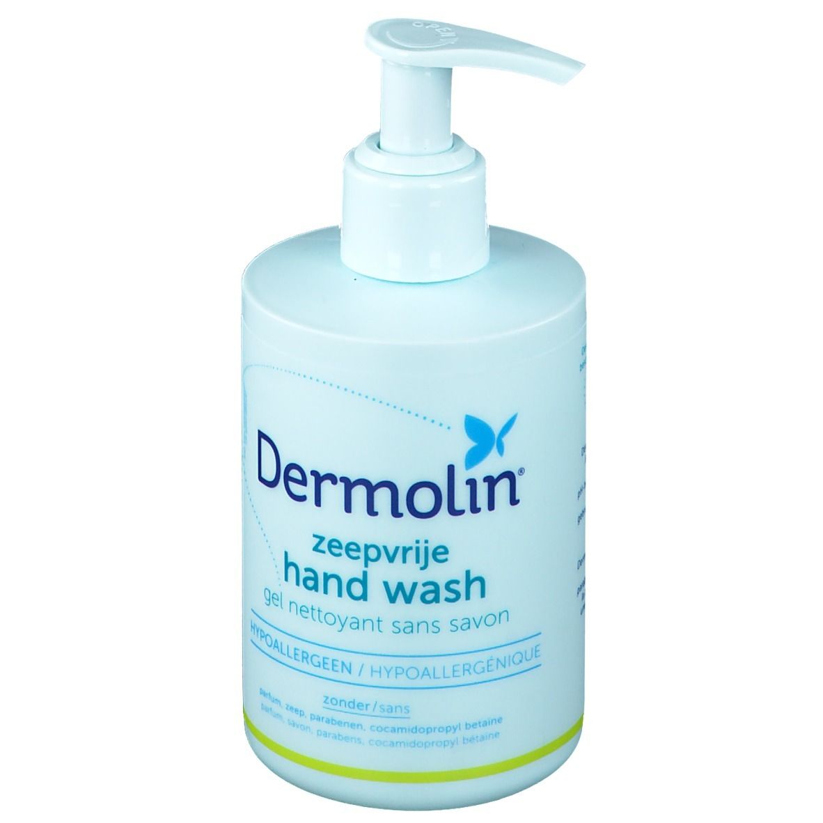 Flacon bleu clair avec pompe doseuse. Inscription: Dermolin, zeepvrije hand wash, gel nettoyant sans savon. Hypoallergénique.