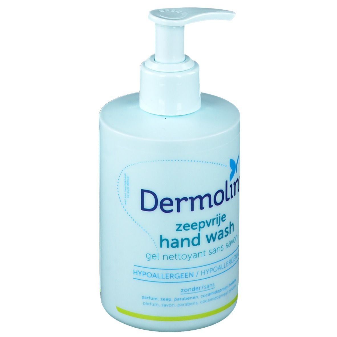 Flacon bleu clair avec pompe doseuse. Inscription: Dermolin, zeepvrije hand wash, gel nettoyant sans savon. Hypoallergénique.