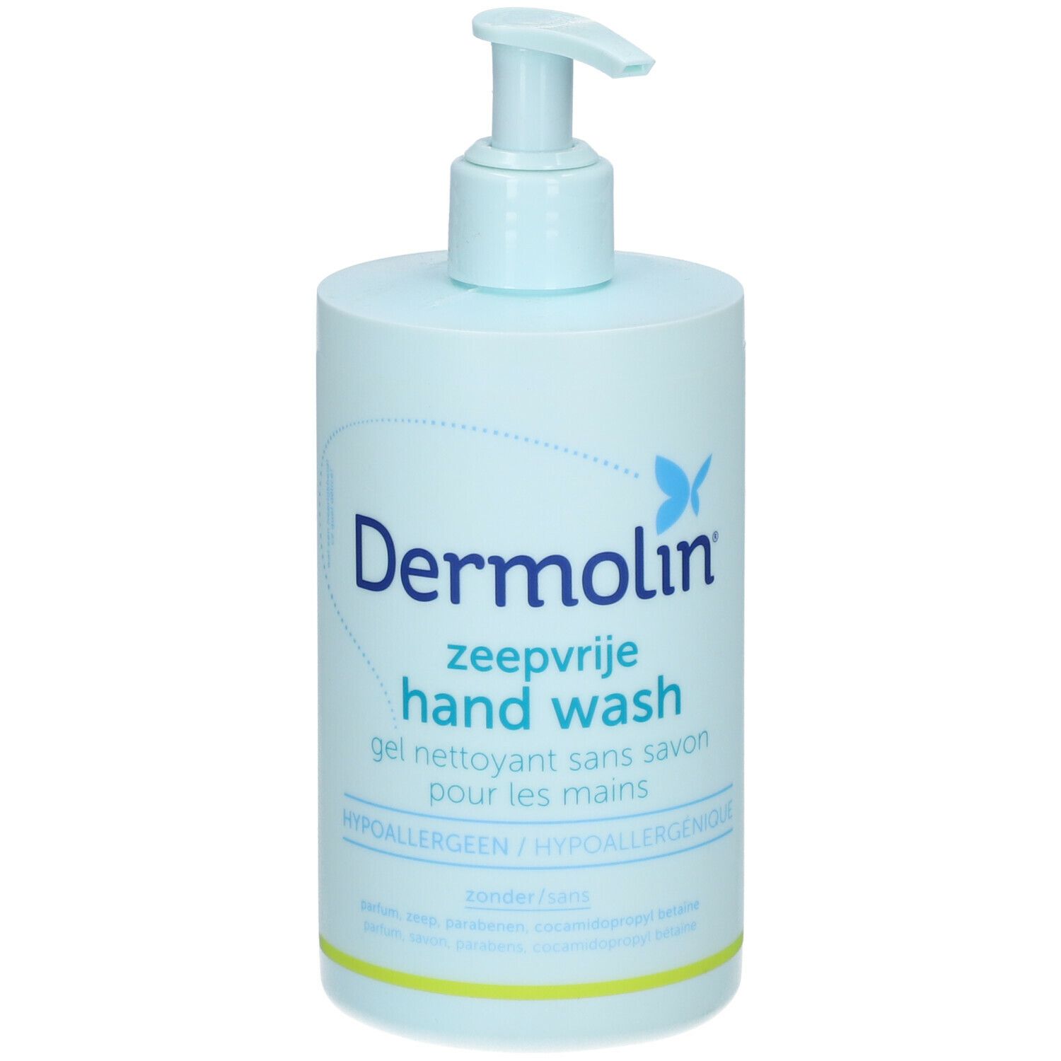 Flacon bleu clair de gel lavant pour les mains Dermolin avec pompe. Inscription: zeepvrije hand wash, gel nettoyant sans savon. Hypoallergénique.