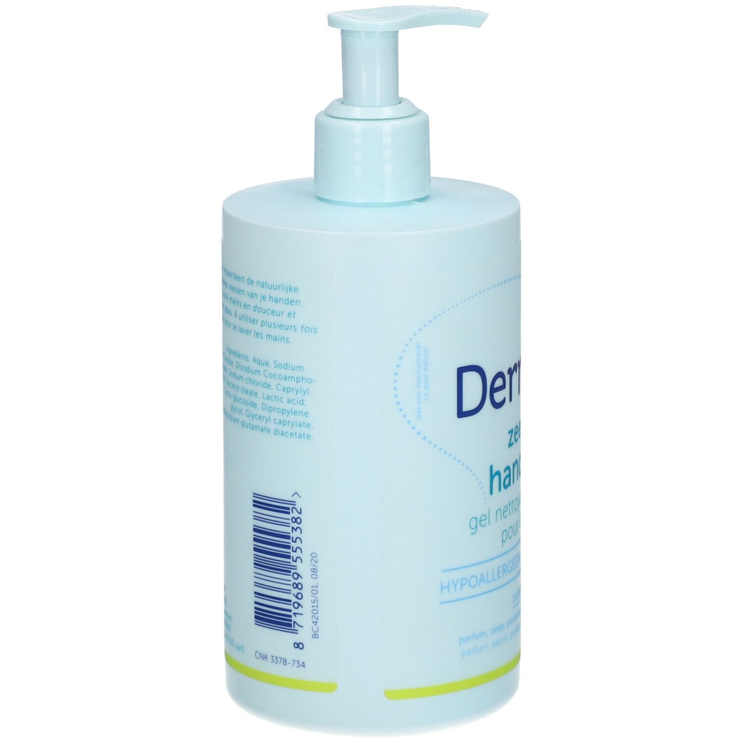 Flacon bleu clair de gel lavant pour les mains Dermolin avec pompe. Dos avec texte et code-barres. Inscription: zeepvrije hand wash, gel nettoyant sans savon.