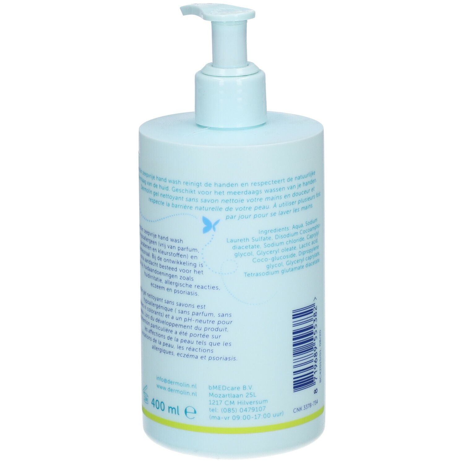 Flacon bleu clair de gel lavant pour les mains Dermolin avec pompe. Dos avec texte et ingrédients. Inscription: 400 ml.