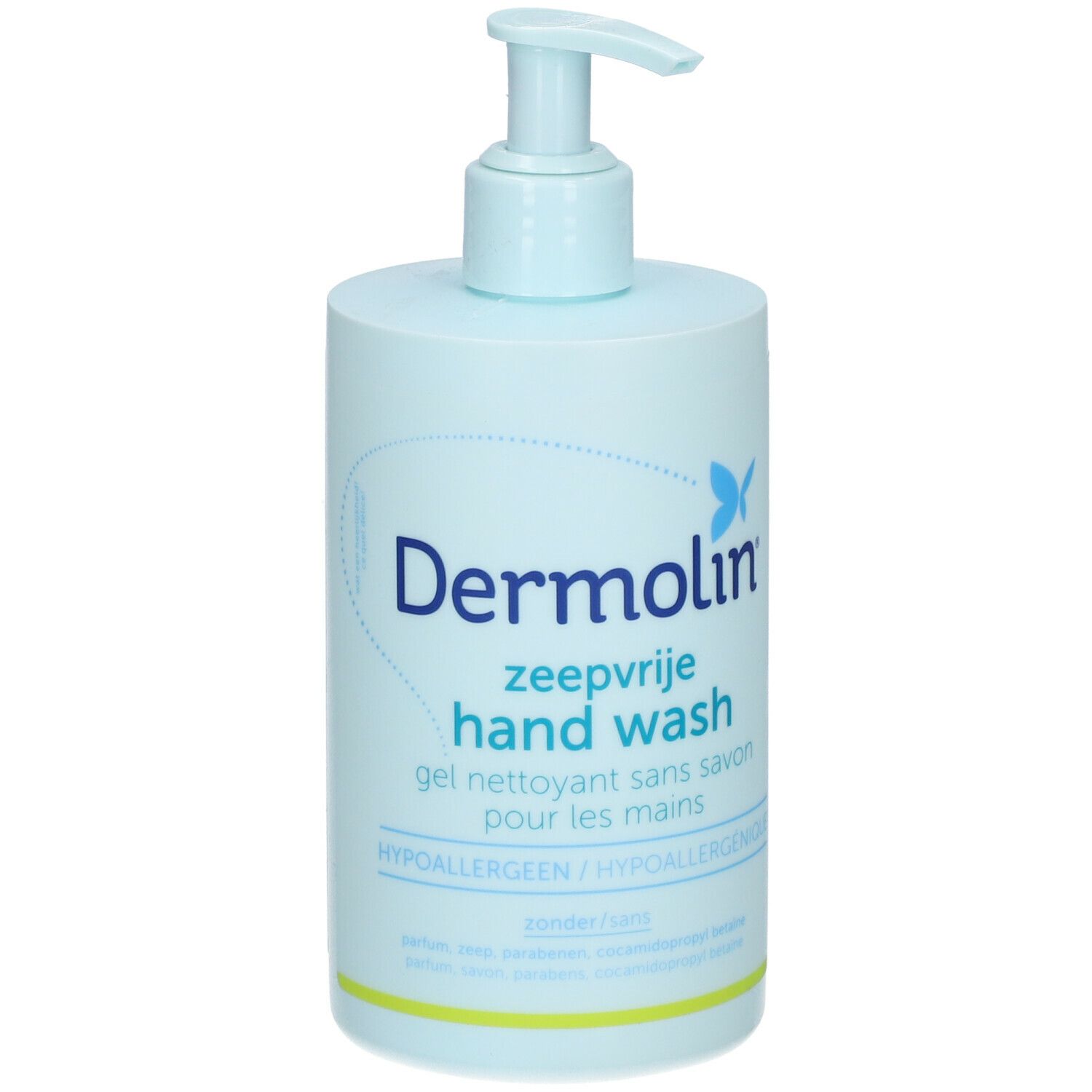 Flacon bleu clair de gel lavant pour les mains Dermolin avec pompe. Inscription: zeepvrije hand wash, gel nettoyant sans savon. Hypoallergénique.