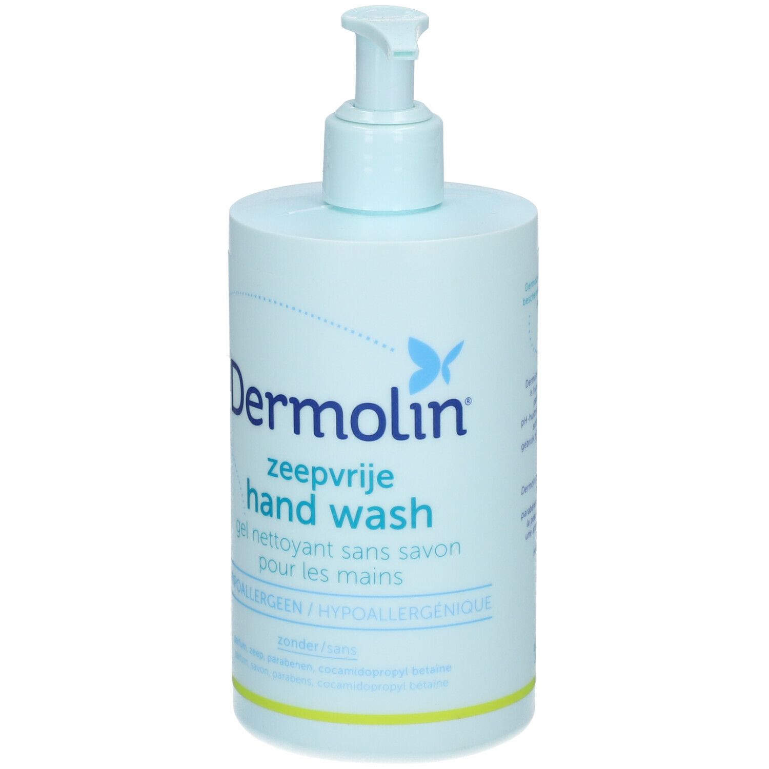 Flacon bleu clair de gel lavant pour les mains Dermolin avec pompe. Inscription: zeepvrije hand wash, gel nettoyant sans savon. Hypoallergénique.