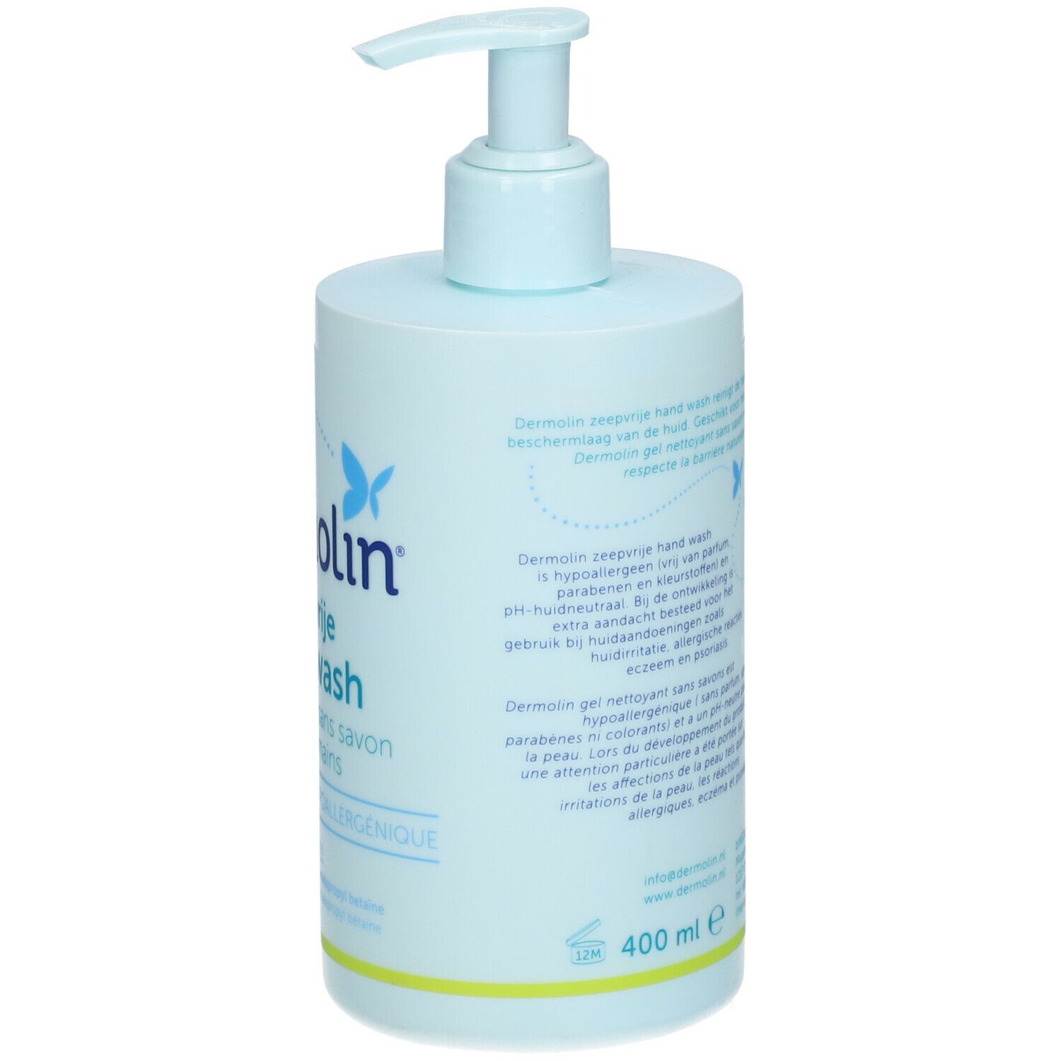 Flacon bleu clair de gel lavant pour les mains Dermolin avec pompe. Dos avec texte et ingrédients. Inscription: 400 ml.