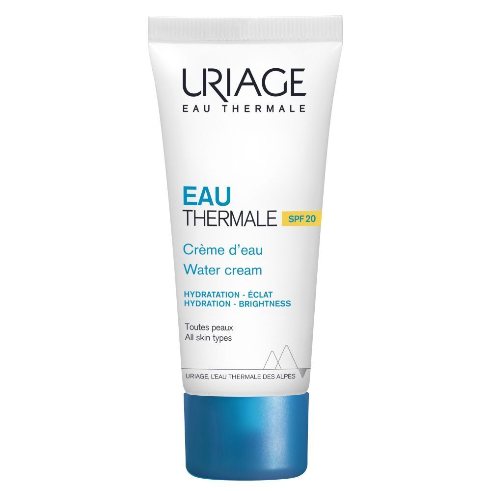Tube blanc avec bouchon bleu. Inscription: Uriage Eau Thermale, Crème d'Eau SPF20.