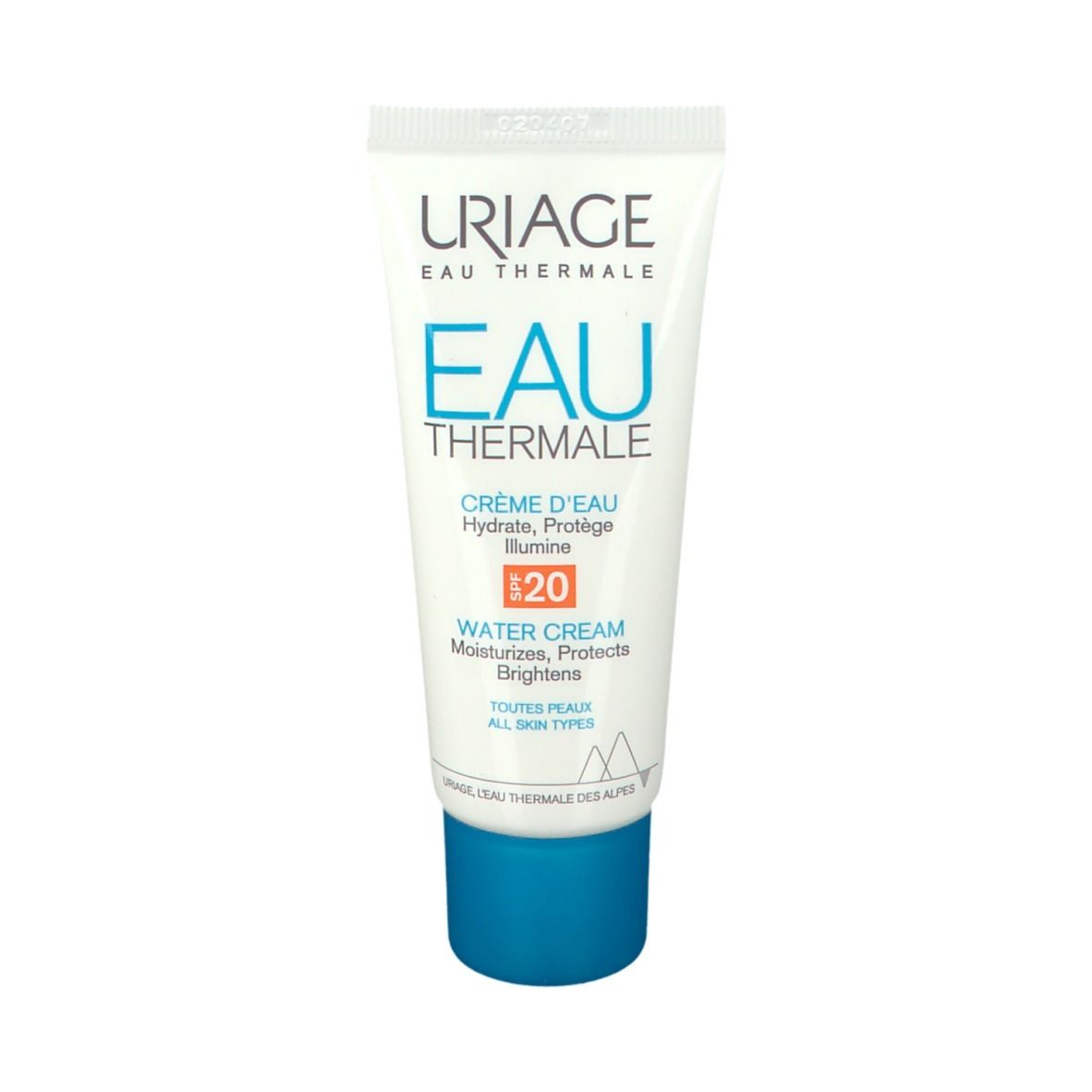 Tube blanc avec bouchon bleu. Inscription: Uriage Eau Thermale, Crème d'Eau SPF20.