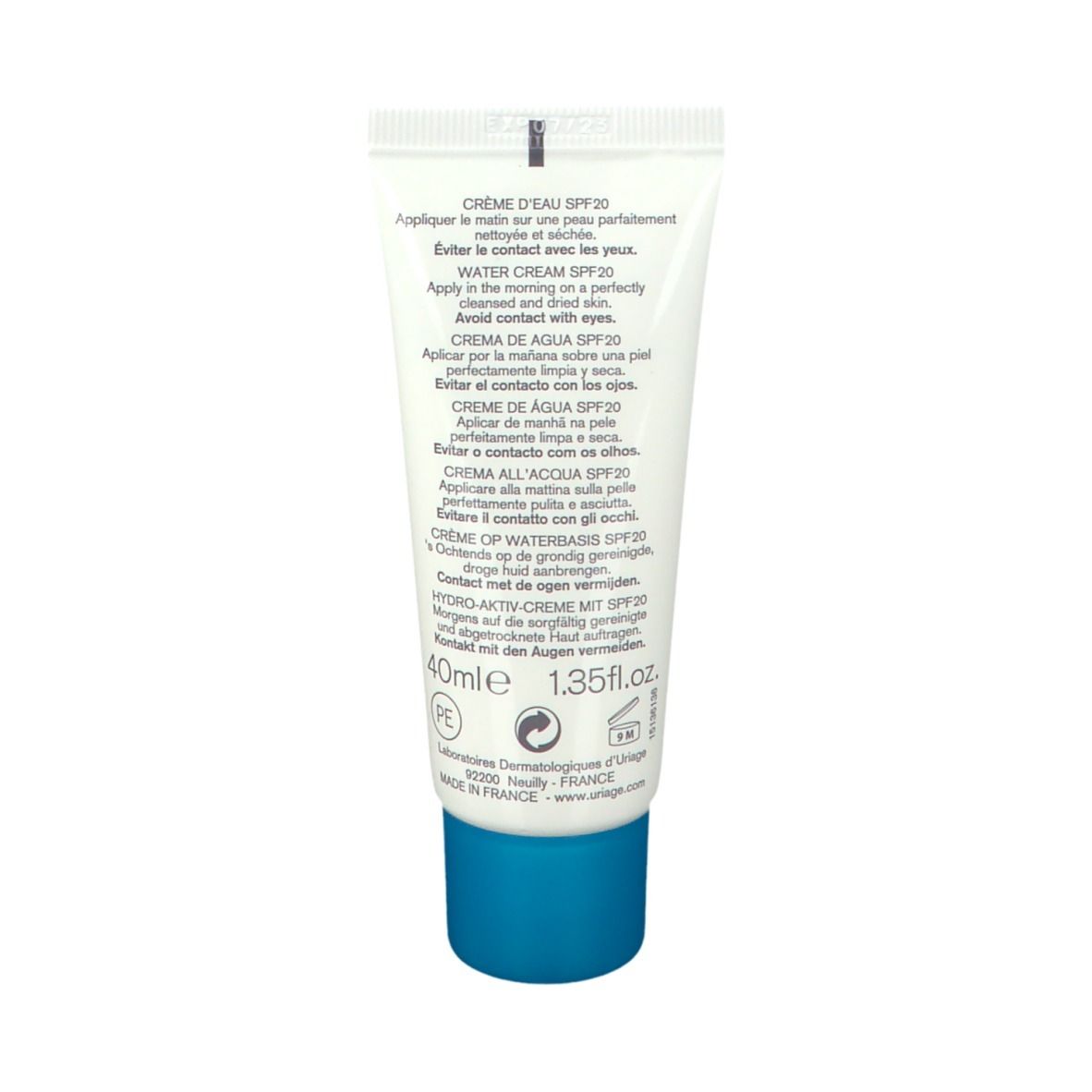 Dos du tube. Texte multilingue: instructions d'utilisation, ingrédients, fabricant.