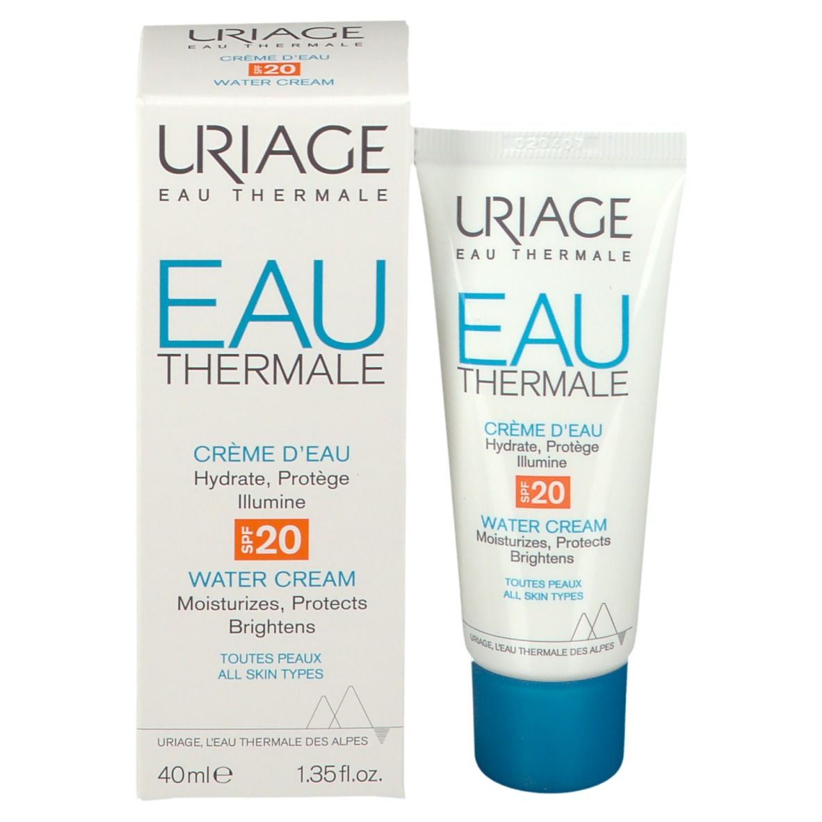 Produit et emballage. Tube et boîte avec inscription: Uriage Eau Thermale, Crème d'Eau SPF20.