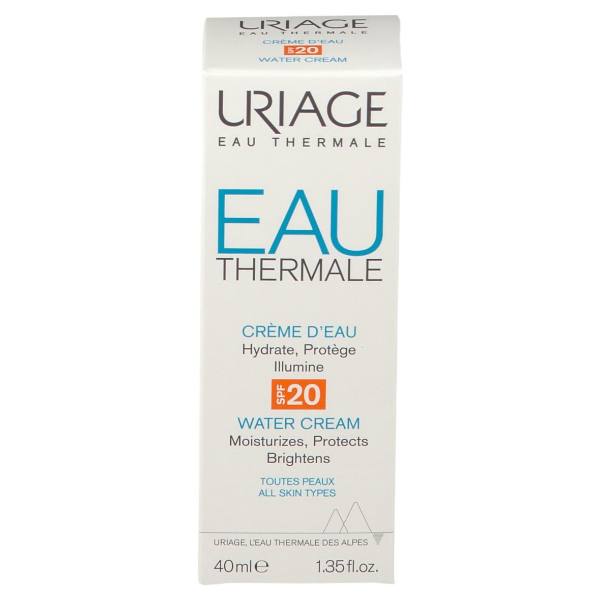 Emballage du produit. Boîte blanche avec inscription: Uriage Eau Thermale, Crème d'Eau SPF20.