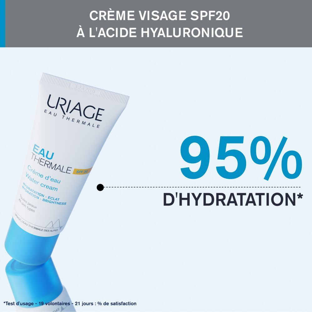 Produit et texte. Tube avec inscription: Uriage Eau Thermale, Crème d'Eau SPF20. Texte: 95% Hydratation.