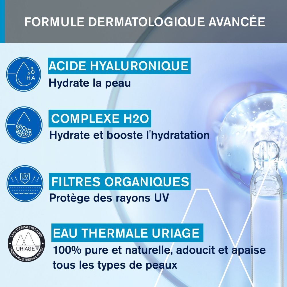 Graphique avec ingrédients. Texte: Acide Hyaluronique, Complexe H2O, Filtres Organiques, Eau Thermale Uriage.