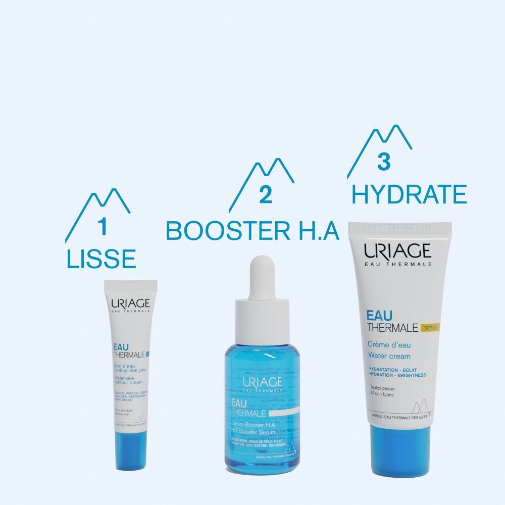 Trois produits. Uriage Eau Thermale, Crème d'Eau, Sérum, Crème pour les yeux.