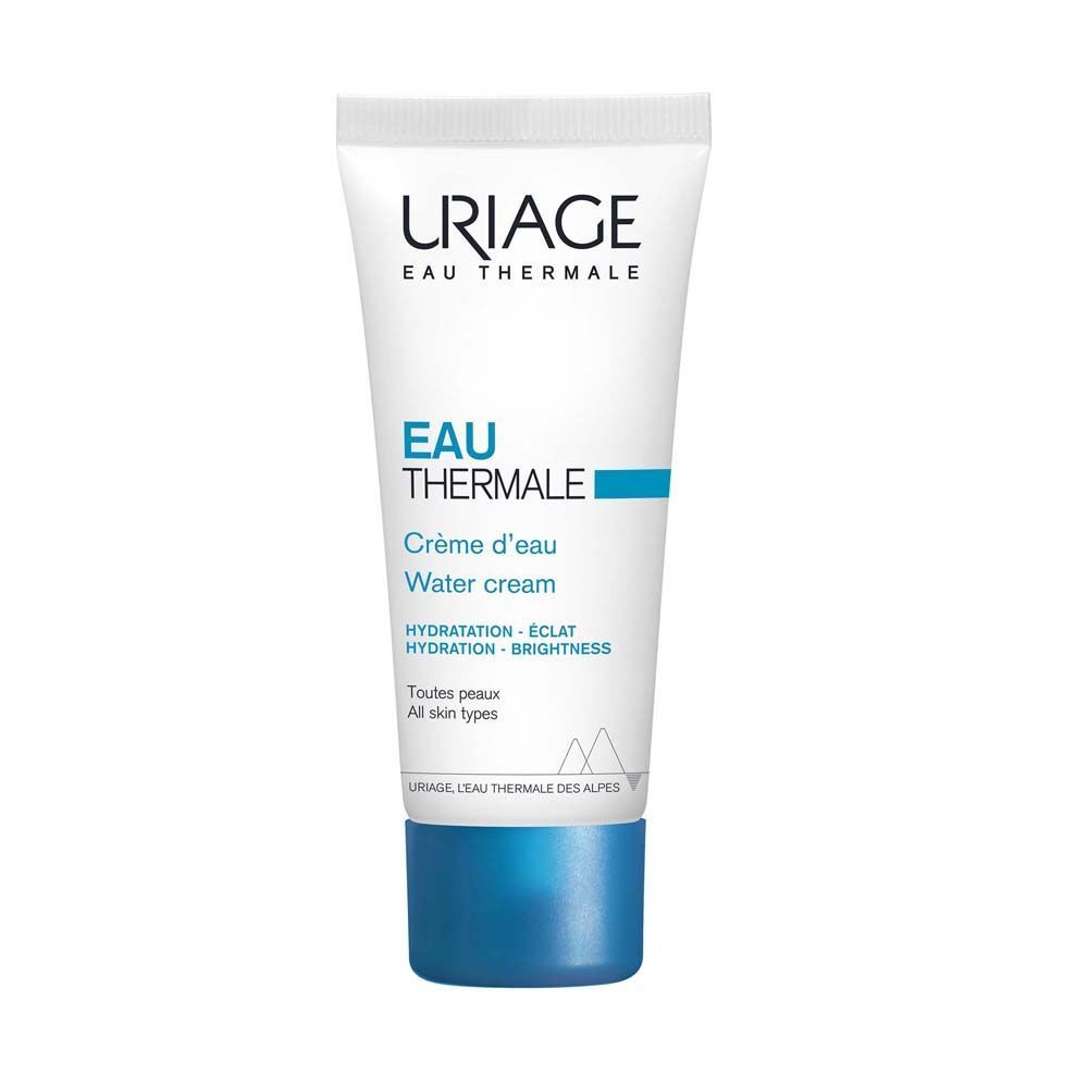 Tube blanc à bouchon bleu. Inscription Uriage Eau Thermale. Crème d'eau, Water cream.