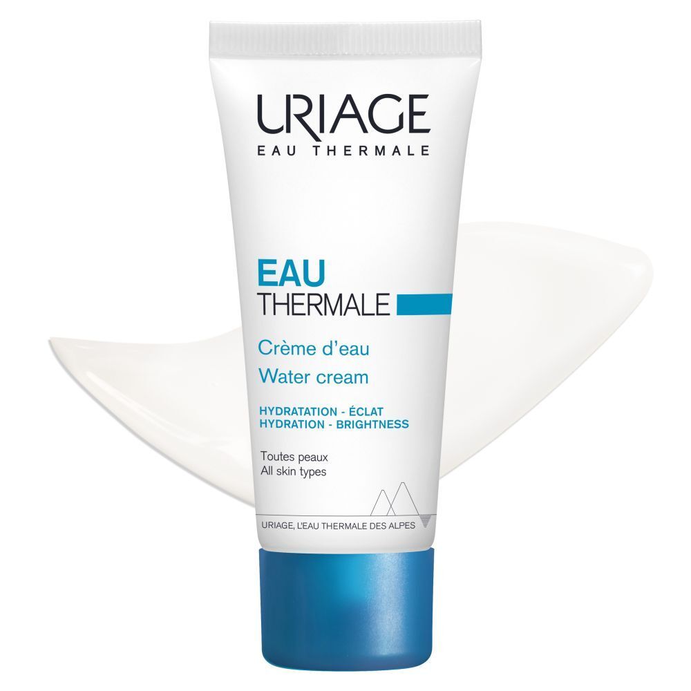 Tube blanc à bouchon bleu. Inscription Uriage Eau Thermale. Crème d'eau, Water cream.