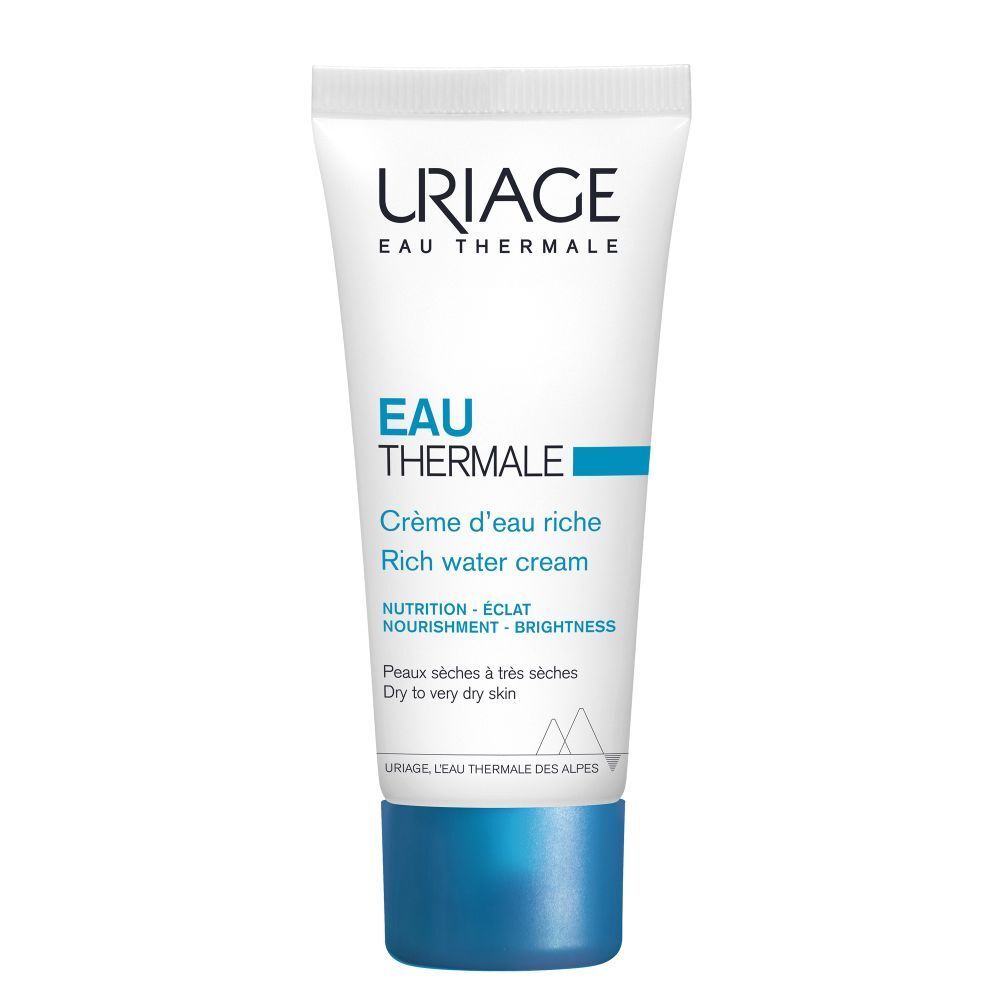 Tube blanc, bouchon bleu. Inscription Uriage Eau Thermale. Texte : Crème d'eau riche.