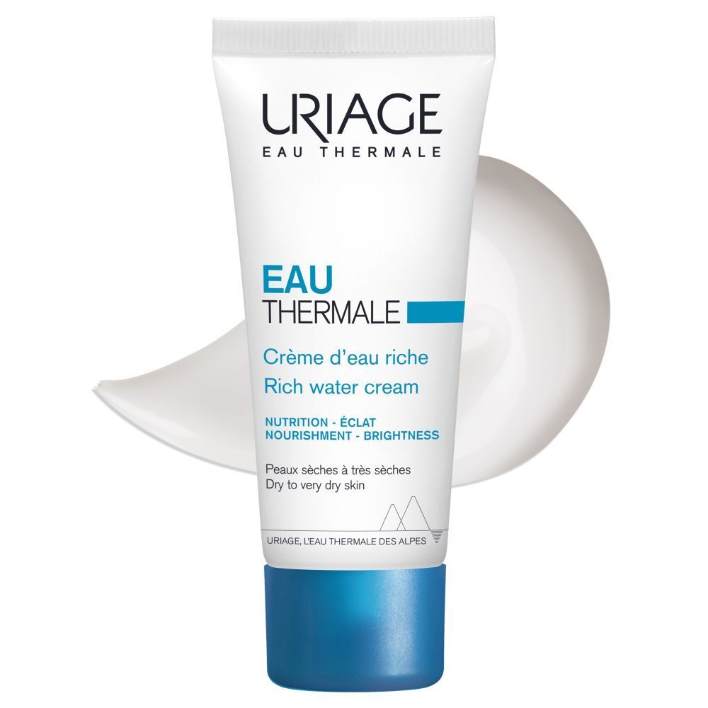 Tube blanc, bouchon bleu. Inscription Uriage Eau Thermale. Texte : Crème d'eau riche.