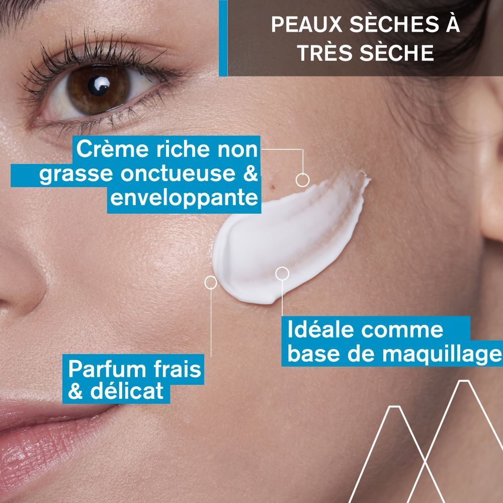 Tube blanc, bouchon bleu. Inscription Uriage Eau Thermale. Texte : Crème d'eau riche.