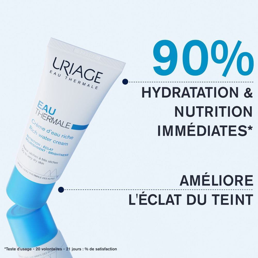 Tube blanc, bouchon bleu. Inscription Uriage Eau Thermale. Texte : Crème d'eau riche.