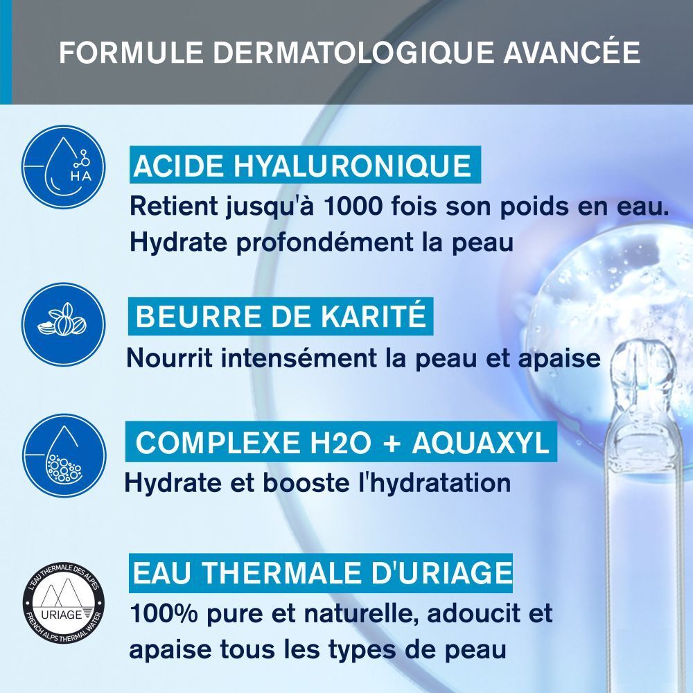 Tube blanc, bouchon bleu. Inscription Uriage Eau Thermale. Texte : Crème d'eau riche.