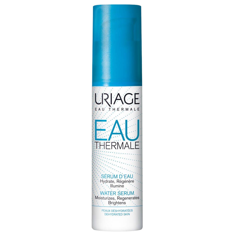 Flacon bleu et blanc avec bouchon bleu. Inscription: URIAGE EAU THERMALE, EAU THERMALE, WATER SERUM. Pour peaux déshydratées.