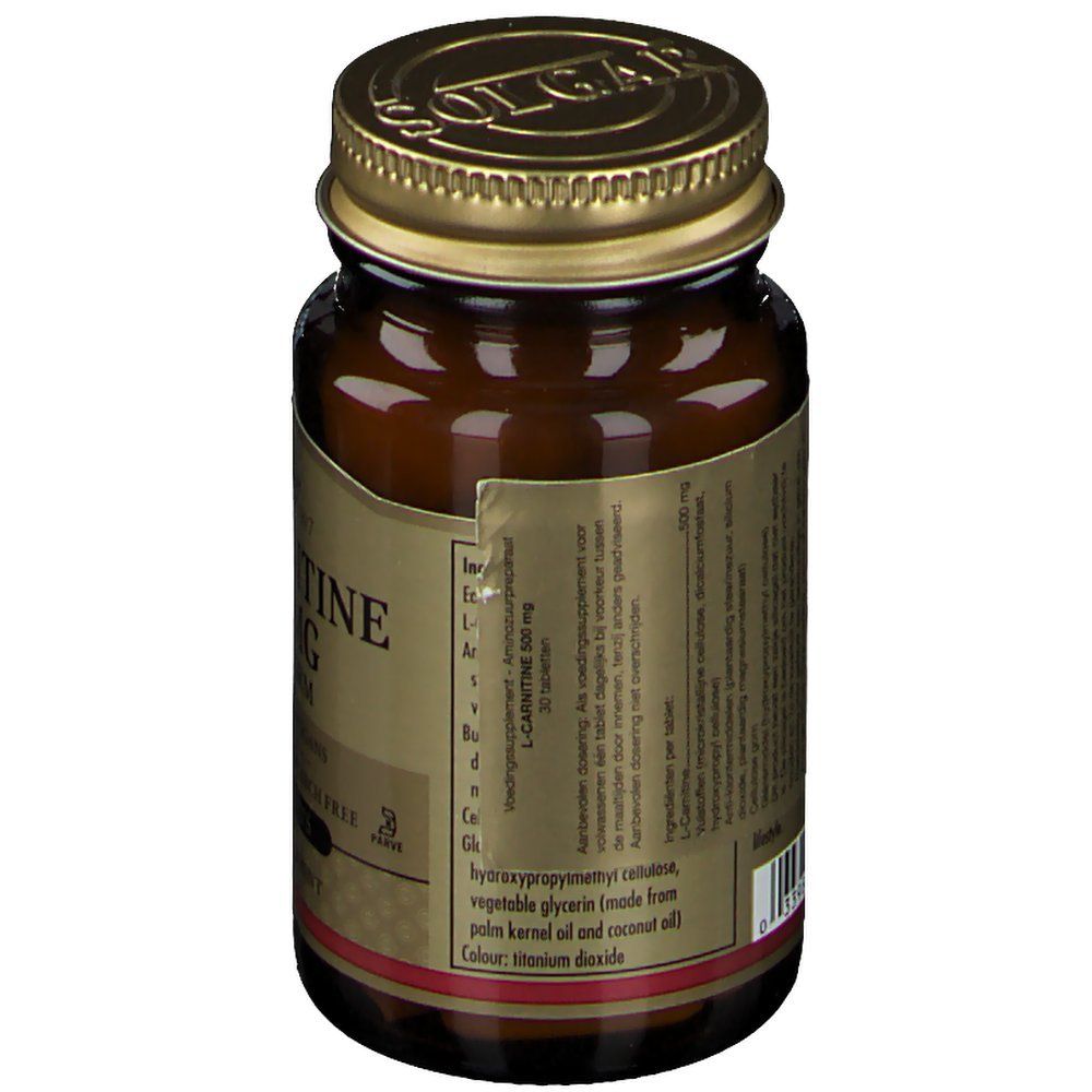Achteraanzicht van bruine glazen fles met gouden dop. Etiket met productinformatie en ingrediënten.