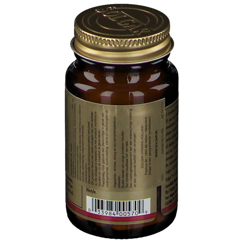 Achteraanzicht van bruine glazen fles met gouden dop. Etiket met productinformatie en barcode.