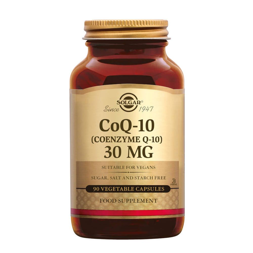 Flacon en verre brun avec couvercle doré. Étiquette SOLGAR, CoQ-10, 30 MG, pour végétaliens, sans sucre, sel ni amidon, 90 gélules.
