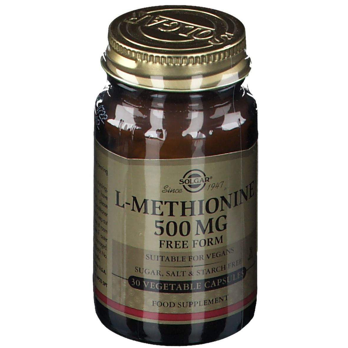 Braune Glasflasche mit goldenem Deckel. Etikett mit "L-Methionin 500 mg" und "30 Vegetable Capsules". Marke: Solgar.