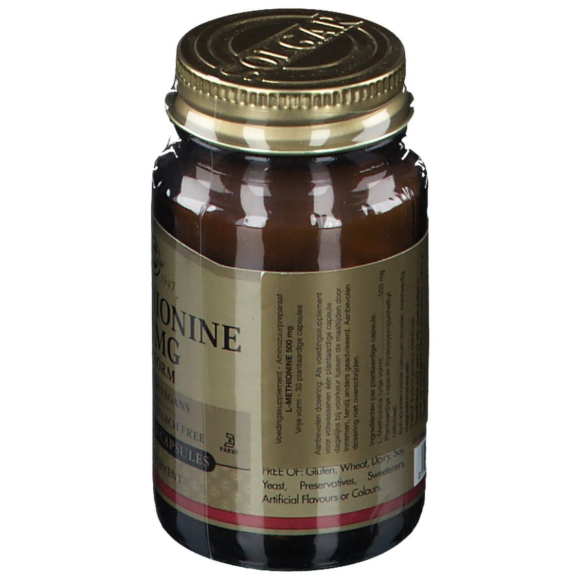 Braune Glasflasche mit goldenem Deckel. Etikett mit Produktinformationen. Enthält "L-Methionin 500 mg". Marke: Solgar.