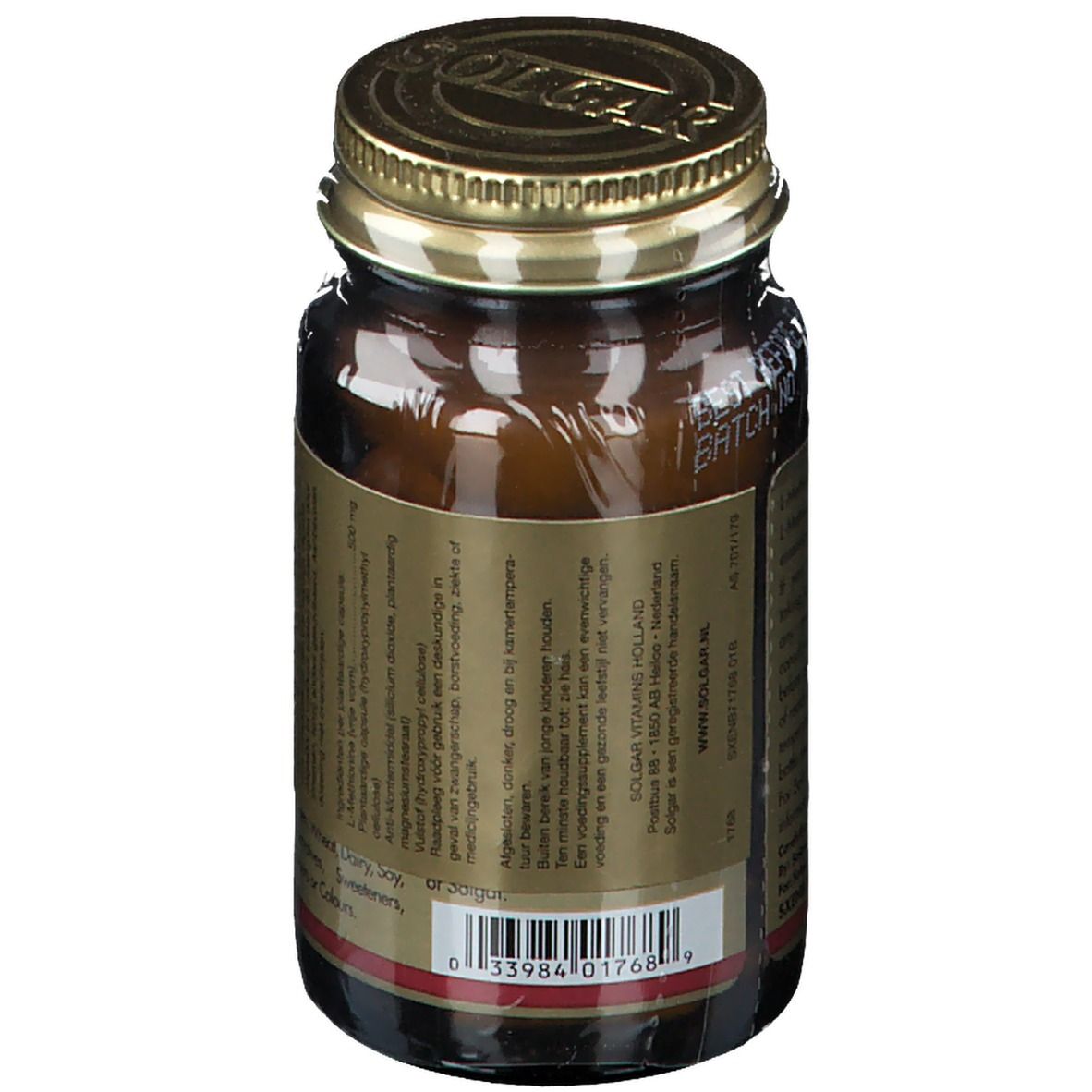 Rückseite einer braunen Glasflasche mit goldenem Deckel. Etikett mit Produktinformationen und Barcode. Marke: Solgar.