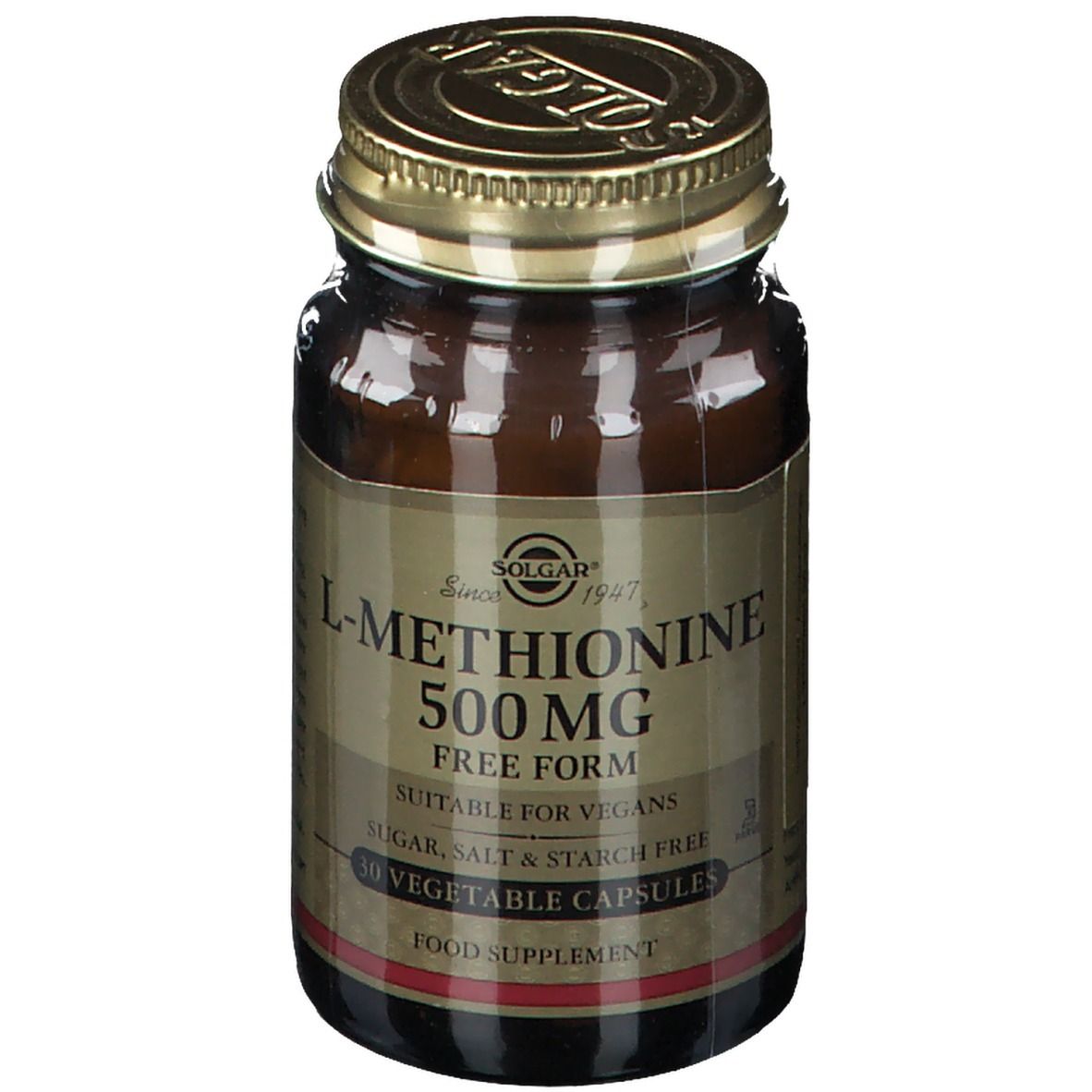 Braune Glasflasche mit goldenem Deckel. Etikett mit "L-Methionin 500 mg" und "30 Vegetable Capsules". Marke: Solgar.
