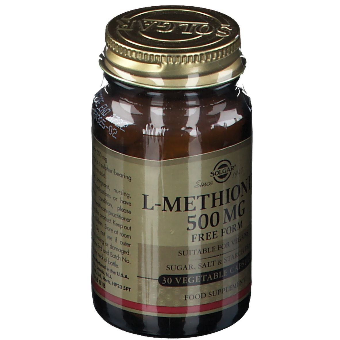 Braune Glasflasche mit goldenem Deckel. Etikett mit "L-Methionin 500 mg" und "30 Vegetable Capsules". Marke: Solgar.
