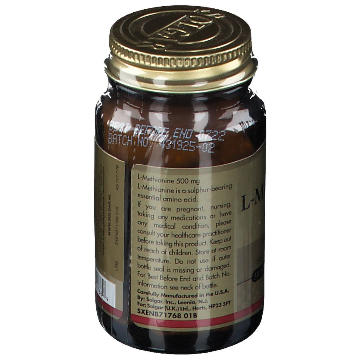 Rückseite einer braunen Glasflasche mit goldenem Deckel. Etikett mit Produktinformationen. Marke: Solgar.