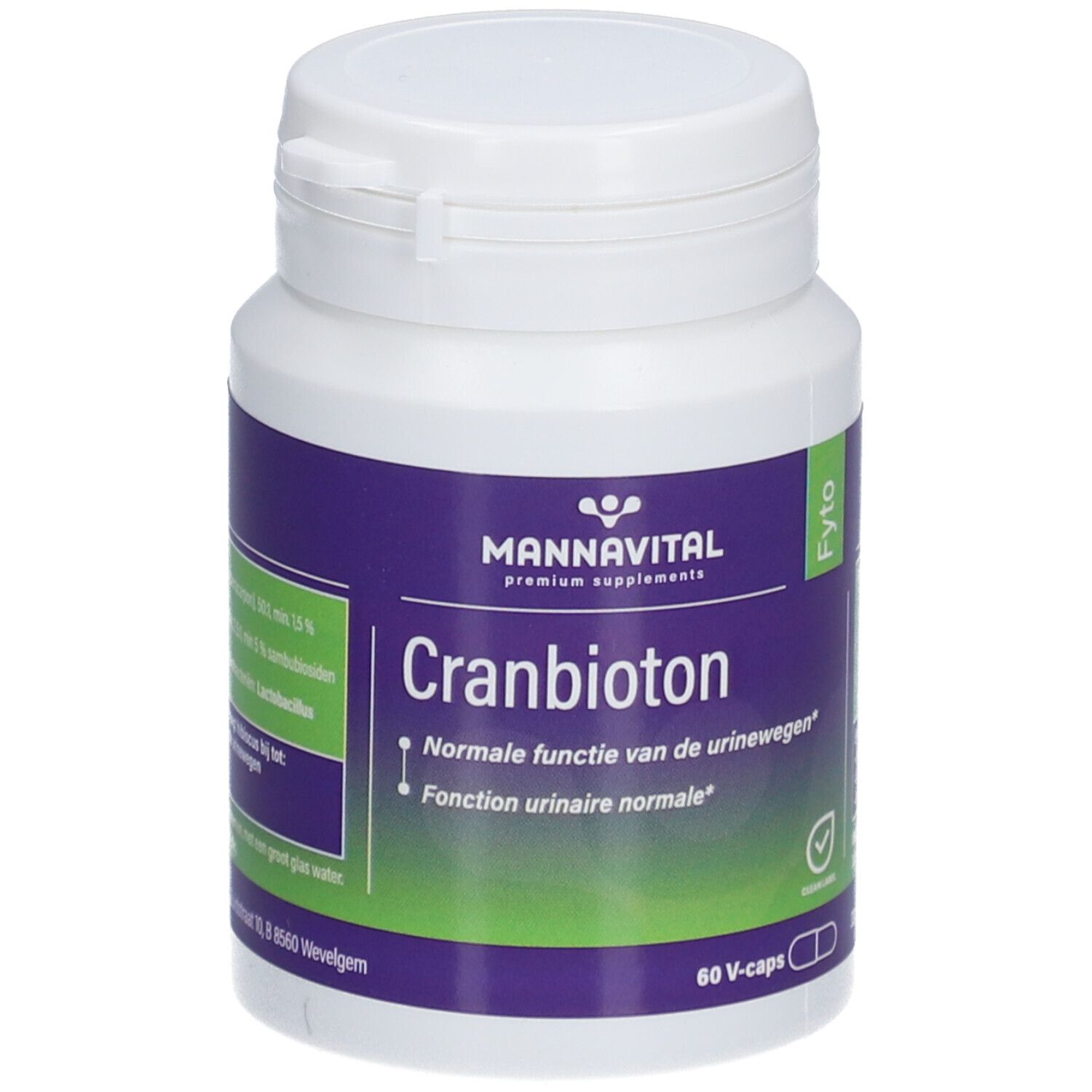 Weißes Fläschchen mit lila Etikett. Aufschrift: Mannavital Cranbioton, 60 V-caps. Grüner Verschluss.