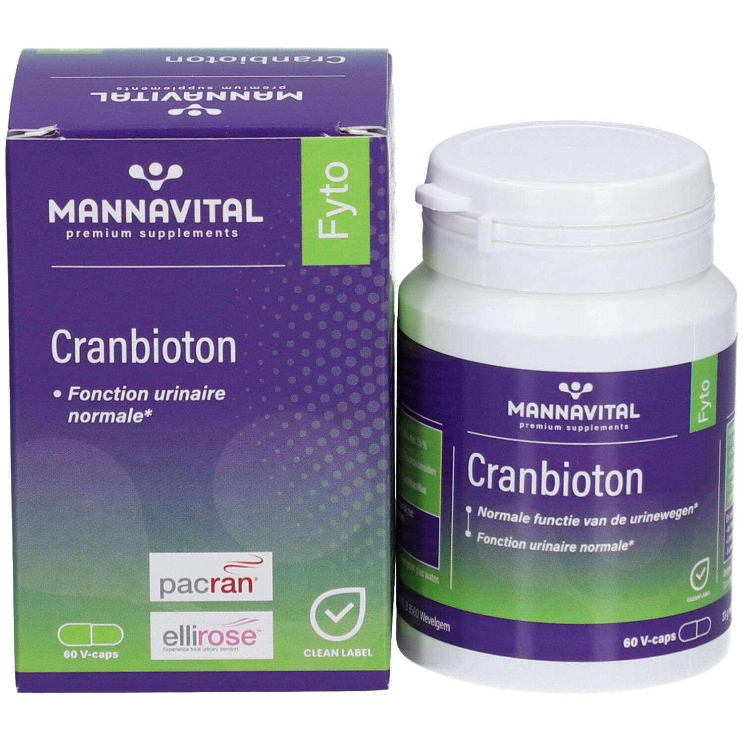 Produktflasche und -schachtel. Aufschrift: Mannavital Cranbioton, 60 V-caps. Lila und weiß.