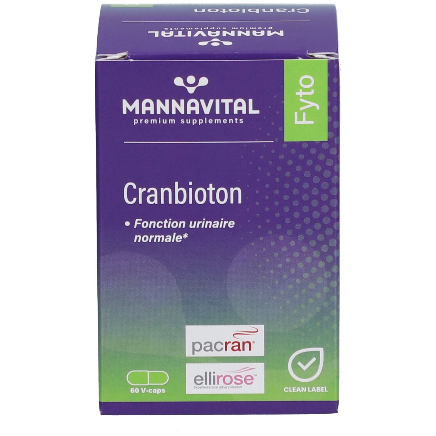 Produktverpackung. Aufschrift: Mannavital Cranbioton, 60 V-caps. Lila und weiß.
