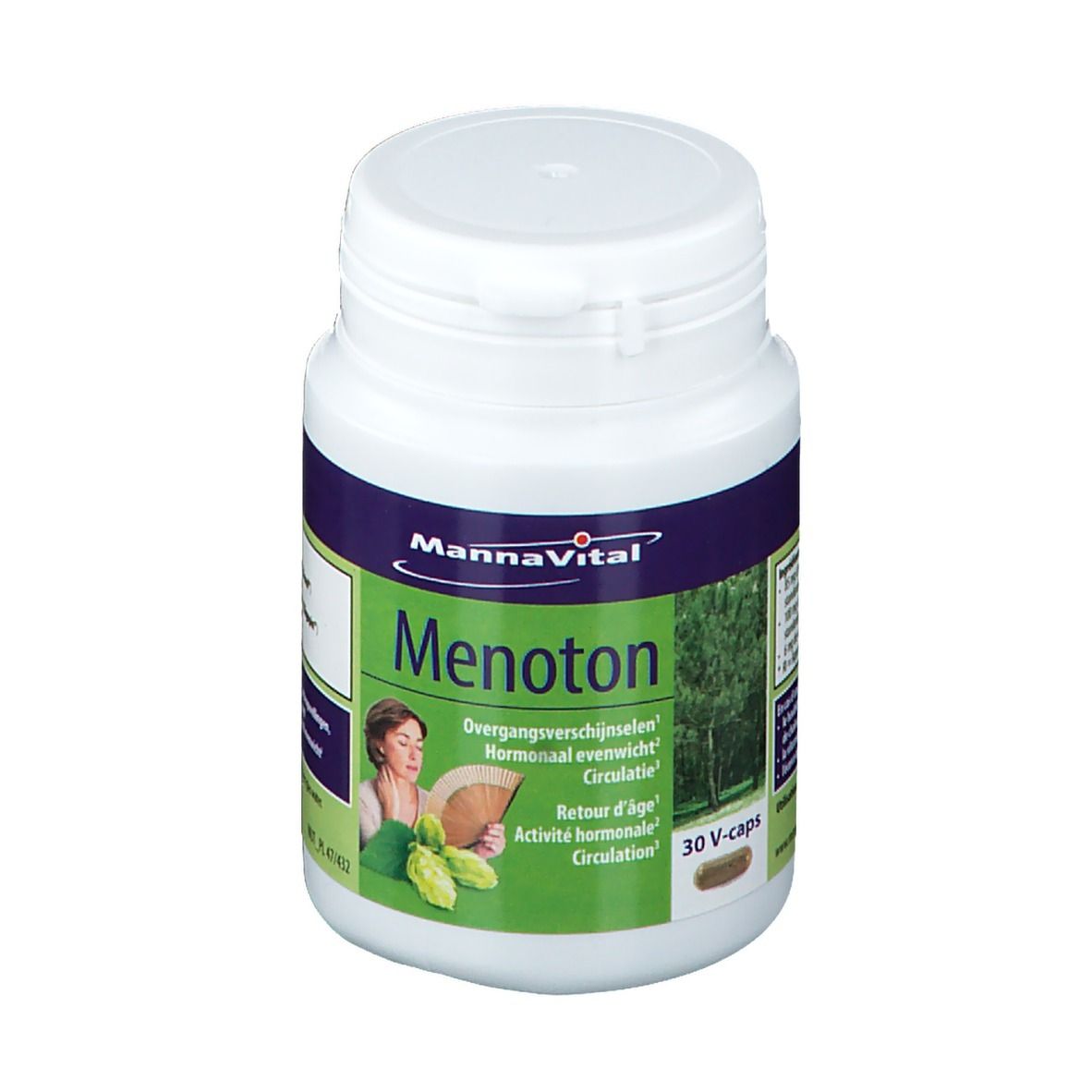 Weiße Flasche Mannavital Menoton. Aufschrift Menoton, 30 V-caps. Frau mit Fächer und Hopfenblüten abgebildet.