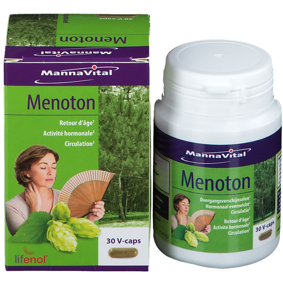 Mannavital Menoton Packung und Flasche. Aufschrift Menoton, 30 V-caps. Frau mit Fächer und Hopfenblüten abgebildet.