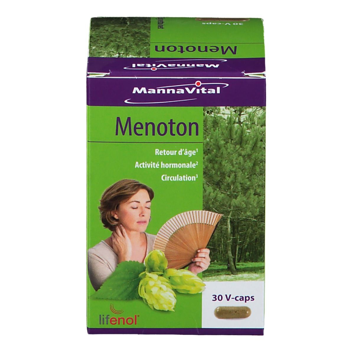Mannavital Menoton Packung. Aufschrift Menoton, 30 V-caps. Frau mit Fächer und Hopfenblüten abgebildet.