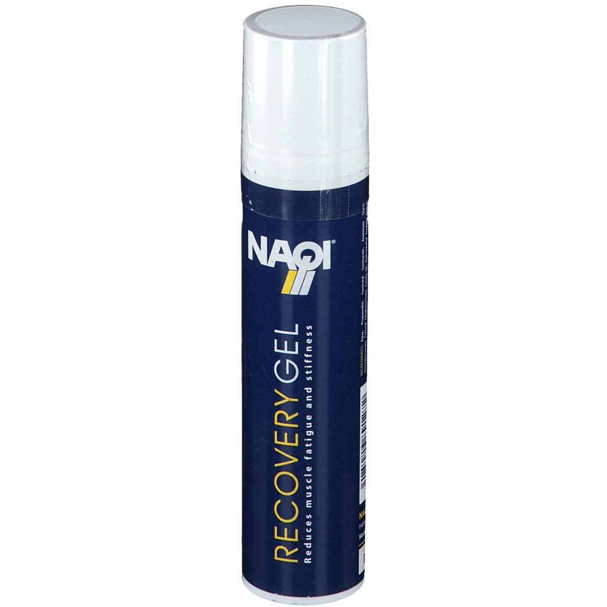 Blauw-witte tube met witte dop. Opschrift: NAQI, RECOVERY GEL. Vermindert spiervermoeidheid en stijfheid.