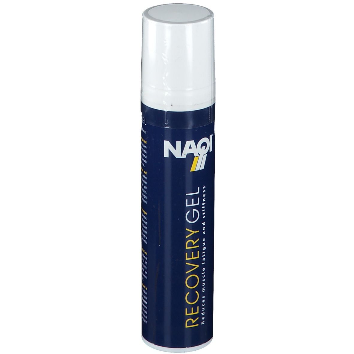 Blauw-witte tube met witte dop. Opschrift: NAQI, RECOVERY GEL. Vermindert spiervermoeidheid en stijfheid.