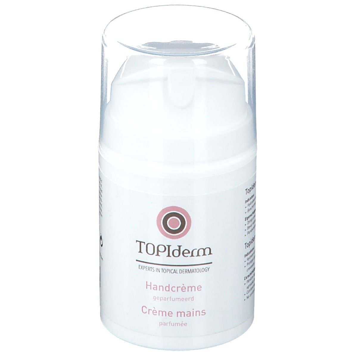 Flacon blanc de crème pour les mains avec bouchon transparent. Inscription : Topiderm, Handcrème, Crème mains. Logo rose.