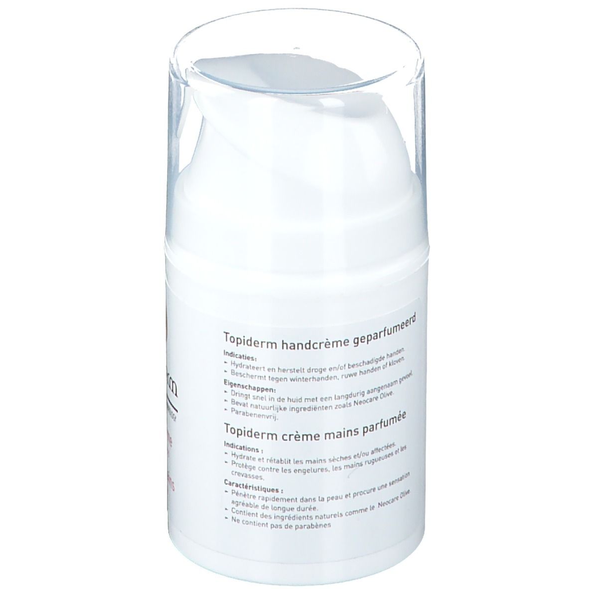 Dos du flacon de crème pour les mains blanc. Texte : Topiderm handcrème geparfumeerd, Indications, Caractéristiques, Topiderm crème mains parfumée.