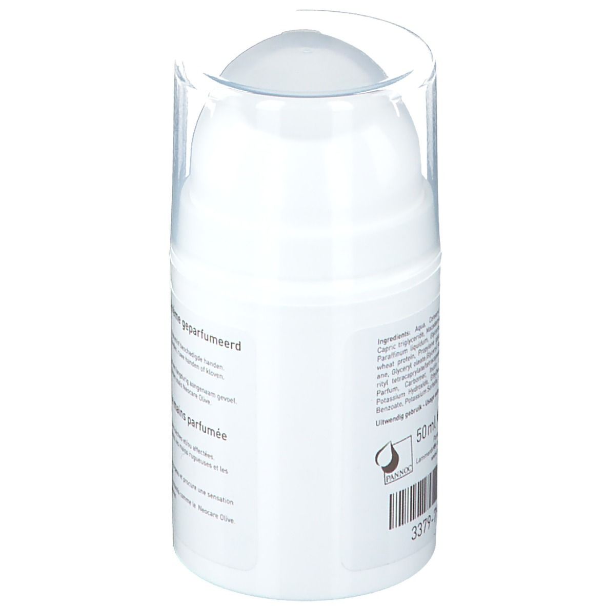 Flacon blanc de crème pour les mains avec bouchon transparent. Inscription : Ingrédients, 50ml, code-barres, logo.