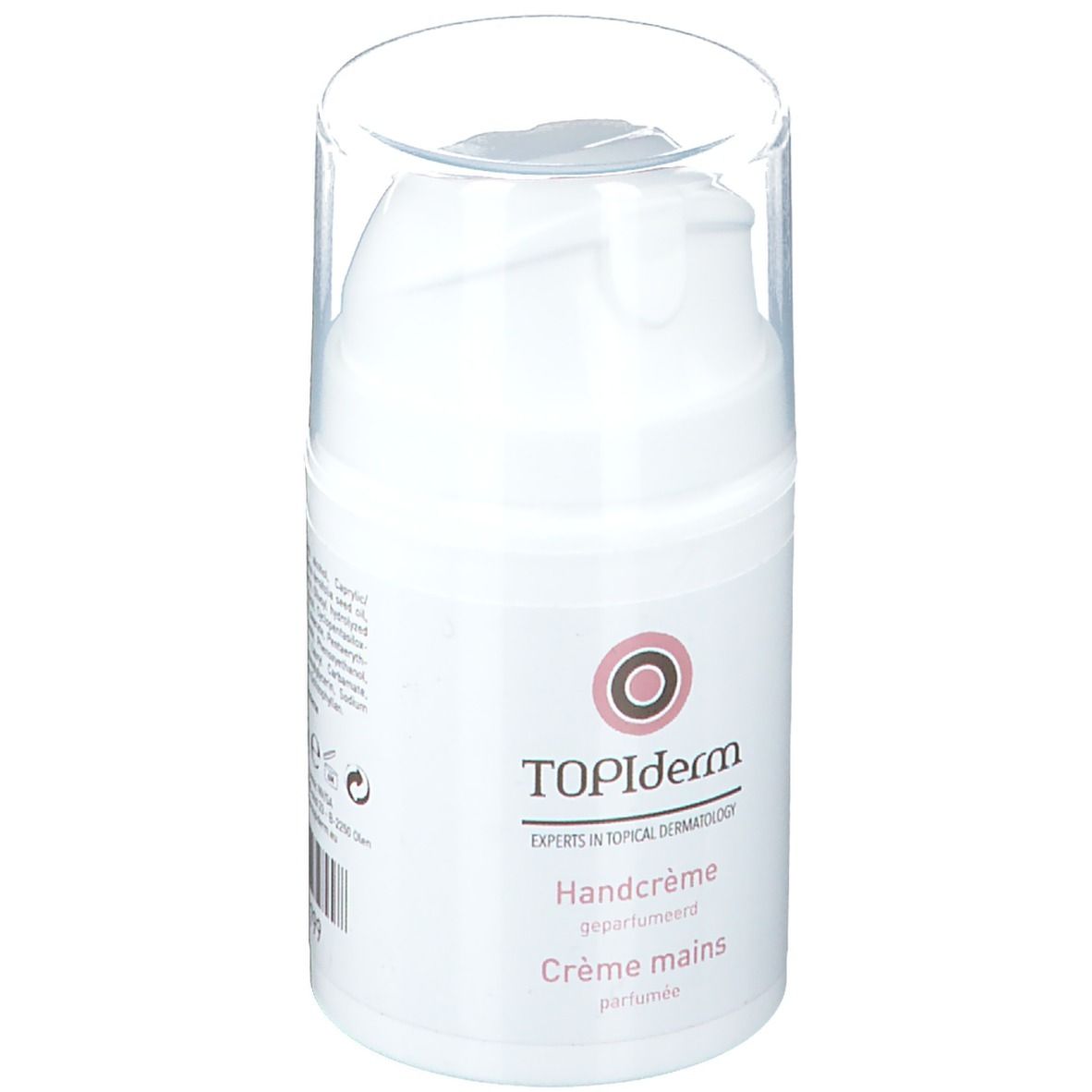 Flacon blanc de crème pour les mains avec bouchon transparent. Inscription : Topiderm, Handcrème, Crème mains. Logo rose.